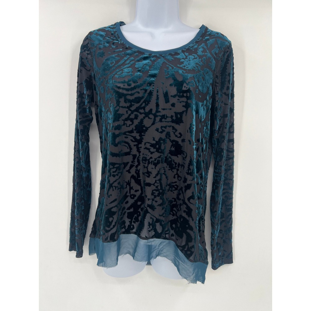 Simply Vera Vera Wang M Teal Burnout Velvet Mesh Top Long Sleeve Asymmetrical